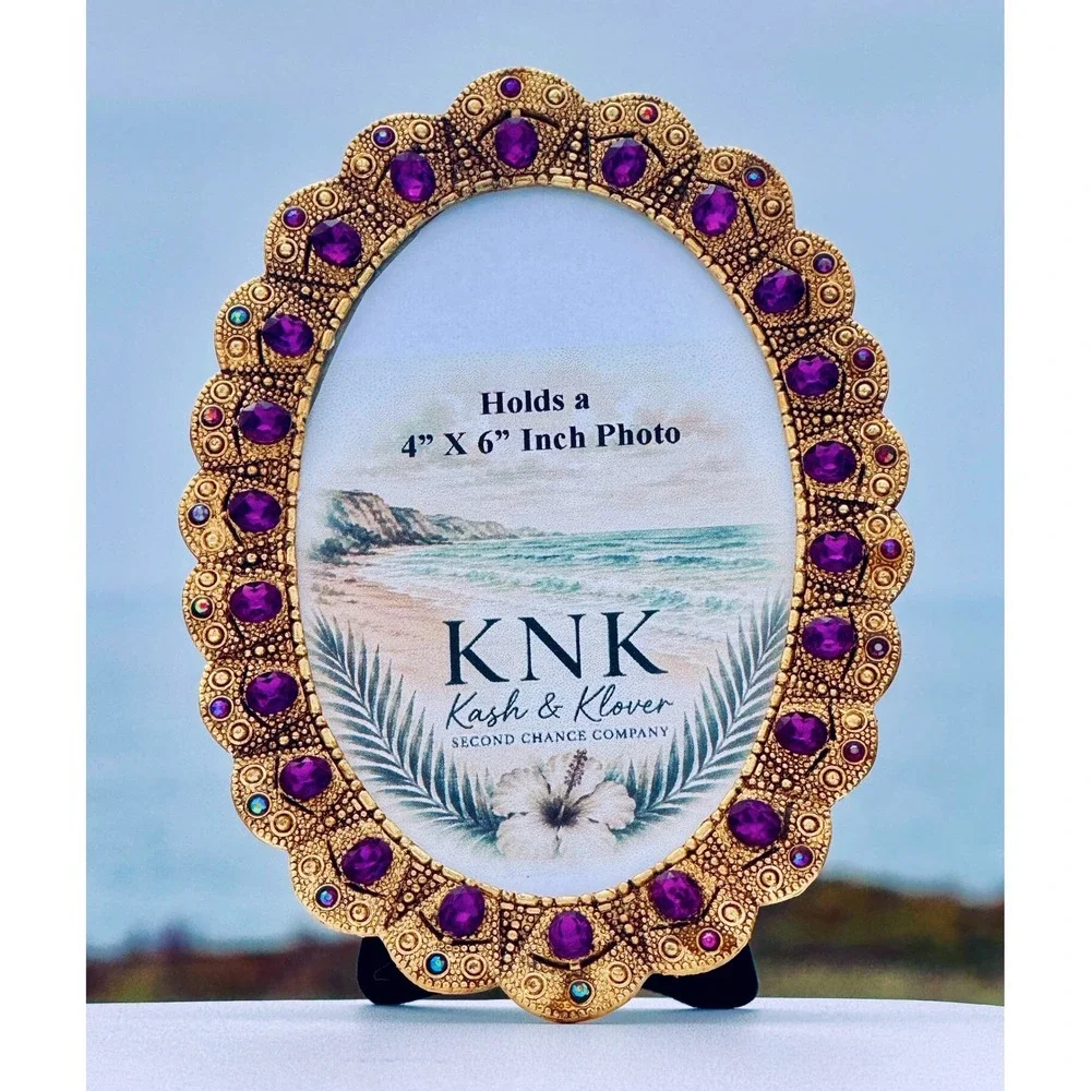 Oval Picture Frame Gold Purple Rhinestone Coastal Glam 4